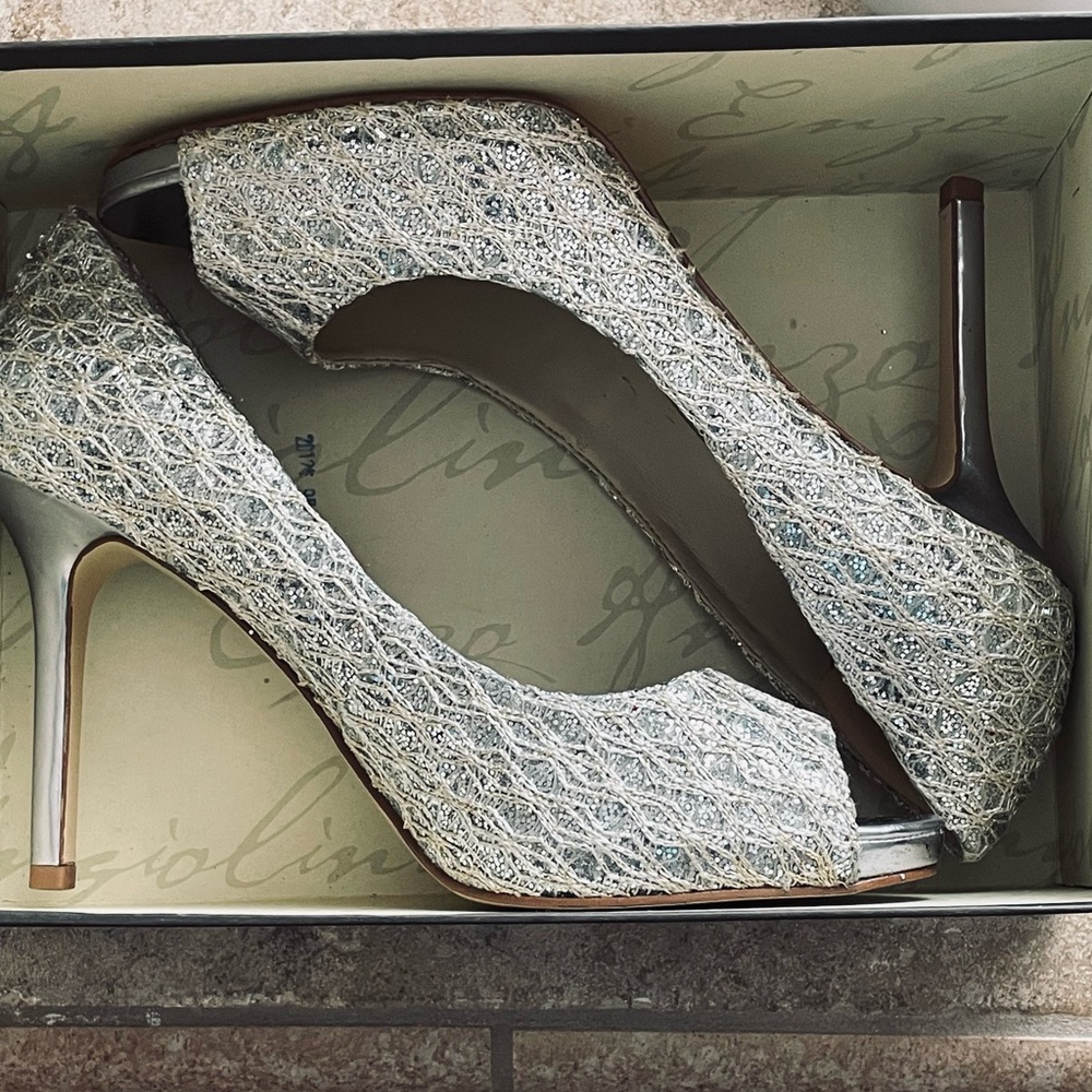 Enzo Angiolini Silver Lace Peep-Toe Heels